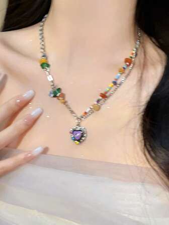 Färgglada Pärlor Hjärta Vintage Halsband