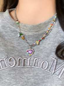 Colorful Beaded Heart Vintage Necklace - Silver - View 5