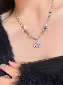 Colorful Beaded Heart Vintage Necklace - Silver - View 2