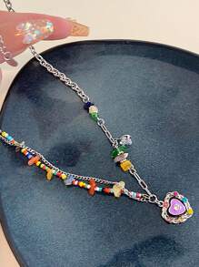 Colorful Beaded Heart Vintage Necklace - Silver - View 7