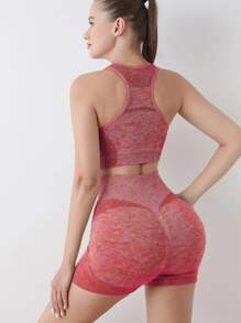 Top y leggins para Mujeres Gimnasio Top sin Costura Ajuste Ajustado Ladies Alto Impacto Mujer Entrenamiento - Rosa Fucsia - Ver 1