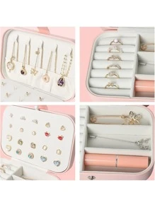 Portable Jewelry Box Small Jewelry Box Organizer Bracelets, Necklaces, Rings, Earrings - Pink - View 6