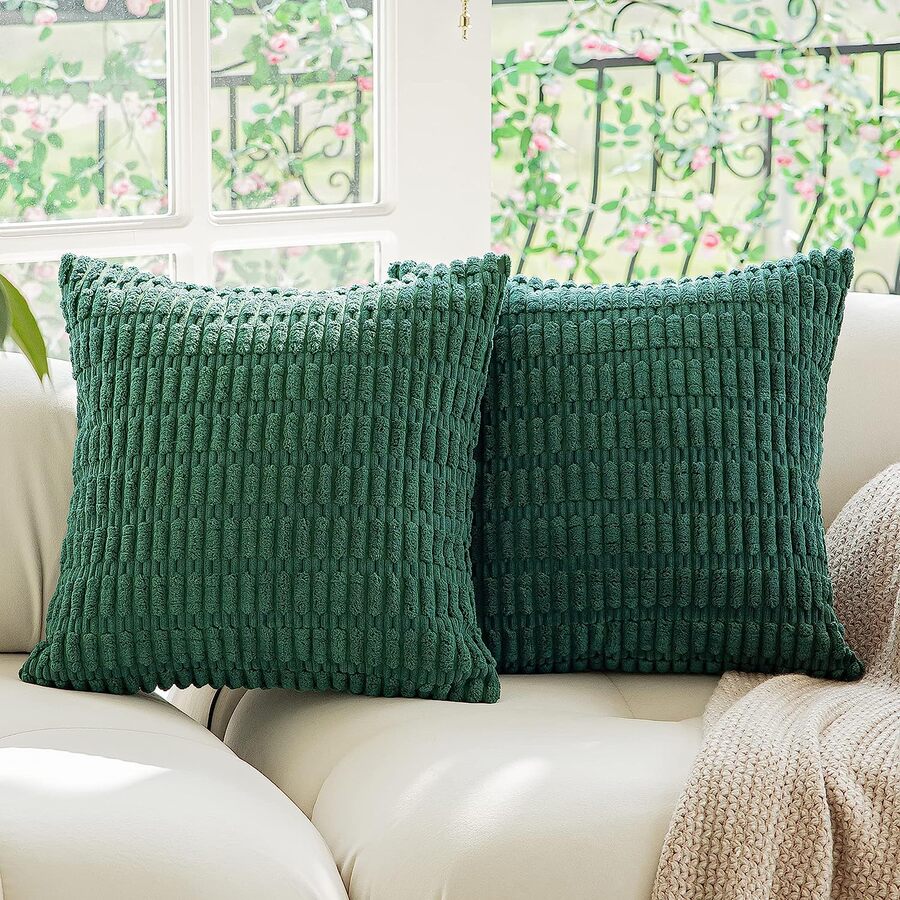 黑暗綠色時尚舒服燈芯絨波西米亞條紋柔軟素色裝飾方形枕套(枕芯不包含) - 墨綠色 - 查看 1