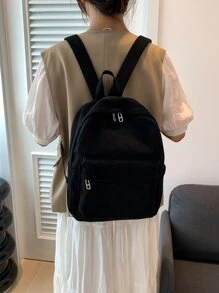 Fashionable Solid Colour Corduroy Dual-use Backpack - Black - View 8