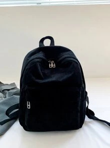 Fashionable Solid Colour Corduroy Dual-use Backpack - Black - View 2