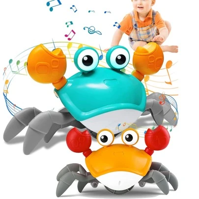 1 件电动音乐播放螃蟹形爬行玩具，带避障功能，适合男婴和女婴，生日礼物 [随机包装]，婴儿控制器，鱼类游戏，灭虫器