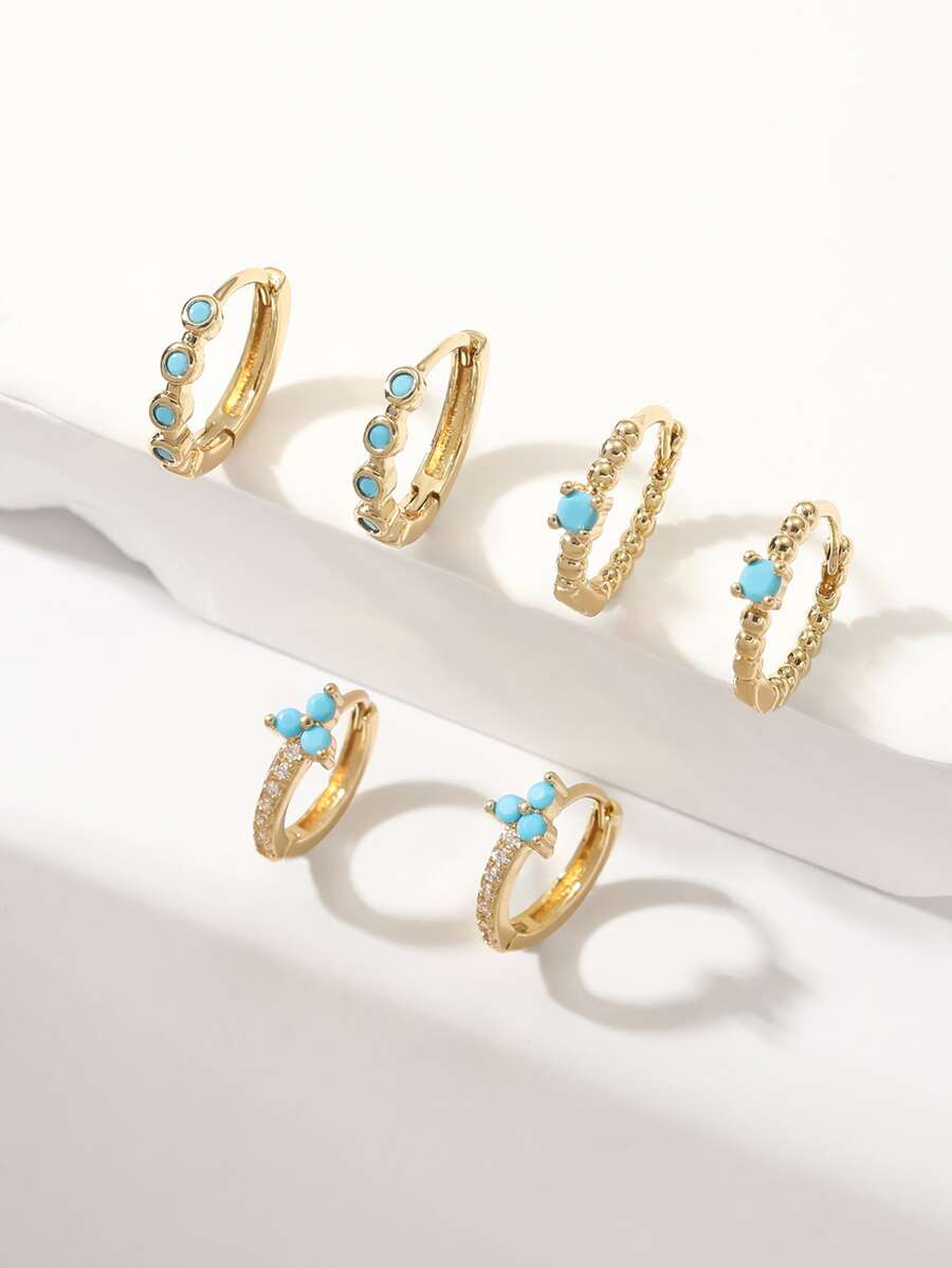 6pcs Personalized Blue Agate & Cubic Zirconia Inlaid Earrings Set For Women To Mix And Match, Perfect As A Gift For Girlfriend Date - Yellow Gold - View 1