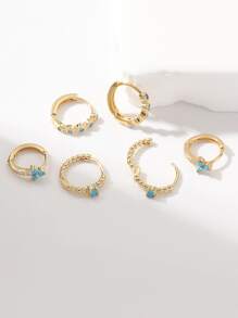 6pcs Personalized Blue Agate & Cubic Zirconia Inlaid Earrings Set For Women To Mix And Match, Perfect As A Gift For Girlfriend Date - Yellow Gold - View 3