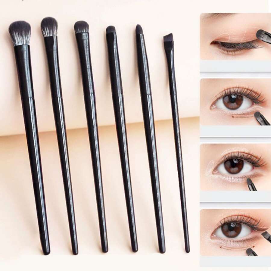 6支装柔软眼部化妆刷套装，适用于晕染、混合、勾勒、细节刻画和轮廓修饰，化妆刷套装，化妆刷组合，化妆刷套装，全套化妆工具，化妆刷套装，全套化妆工具，化妆刷套装，化妆刷礼盒套装 - 黑色 - 查看 1
