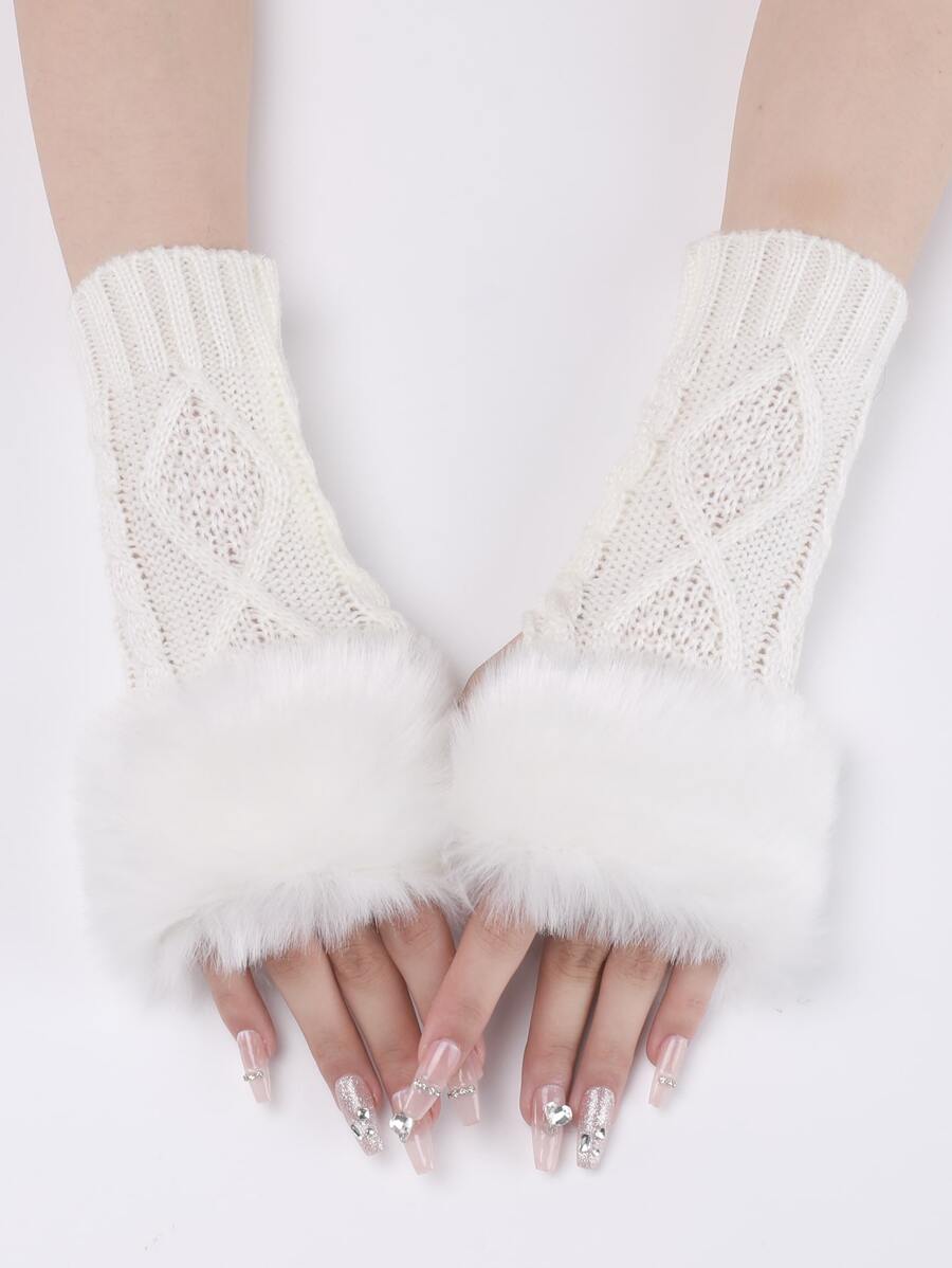 1 Pair Women's White Short Knitted Fingerless Gloves With Fur Edge, Autumn & Winter Warm Fashionable Arm Warmers - White - View 1