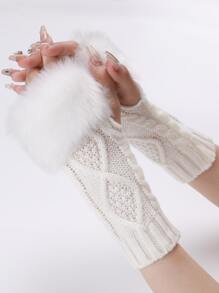 1 Pair Women's White Short Knitted Fingerless Gloves With Fur Edge, Autumn & Winter Warm Fashionable Arm Warmers - White - View 2