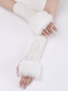 1 Pair Women's White Short Knitted Fingerless Gloves With Fur Edge, Autumn & Winter Warm Fashionable Arm Warmers - White - View 3