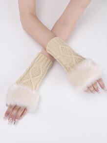 1雙女式米色短款針織無指手套，帶流蘇，冬季保暖時尚保暖臂套 - 米色 - 查看 4