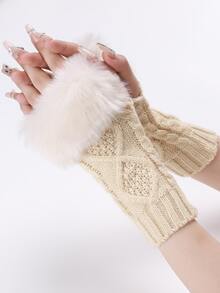 1雙女式米色短款針織無指手套，帶流蘇，冬季保暖時尚保暖臂套 - 米色 - 查看 2