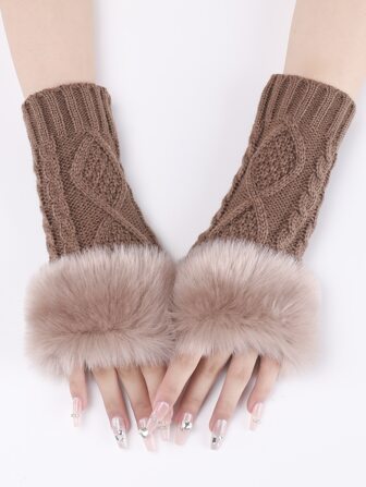 1 Pair Of Khaki Short Knitted Fingerless Gloves With Woolen Cuff For Women, Autumn/winter