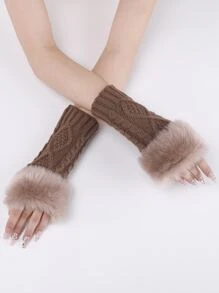 1 đôi Của Màu Khaki Ngắn Dệt kim Găng tay cụt ngón Với Len Cổ tay áo Đối với phụ nữ , Mùa Thu /đông - Màu Khaki - Xem 4