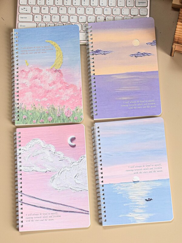 4pcs/pack A5 Spiral Notepad, 60 Sheets Cute Cartoon Flower Series Lined Notebook, 4 Styles