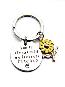 不銹鋼鑰匙圈帶向日葵吊墜,教師節禮品,可雕刻圓片標籤帶字母,西方風格 - 銀色 - 查看 1