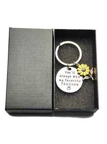 不銹鋼鑰匙圈帶向日葵吊墜,教師節禮品,可雕刻圓片標籤帶字母,西方風格 - 銀色 - 查看 4