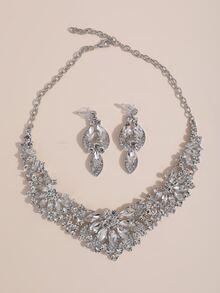 3pcs Luxury Bridal Necklace & Earrings Set With Rhinestone Embellishment - Silver - View 4