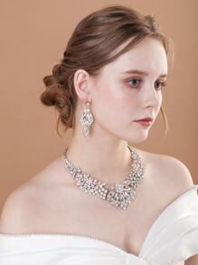3pcs Luxury Bridal Necklace & Earrings Set With Rhinestone Embellishment - Silver - View 1