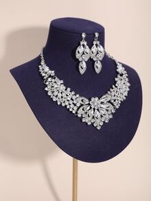 3pcs Luxury Bridal Necklace & Earrings Set With Rhinestone Embellishment - Silver - View 3