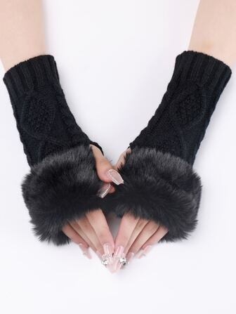 1pair Women's Black Fingerless Short Knitted Gloves With Faux Fur Cuffs, Autumn And Winter, Warm And Fashionable