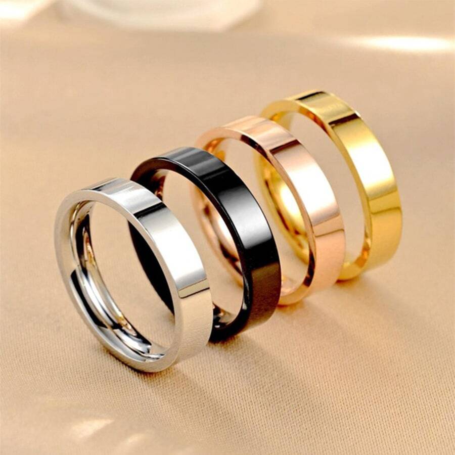 4pcs/set Fashionable Stainless Steel 4mm Width Simple Design Classic Couple Ring Set, For Festival Party And Best Friends Gift - Multicolor - View 1