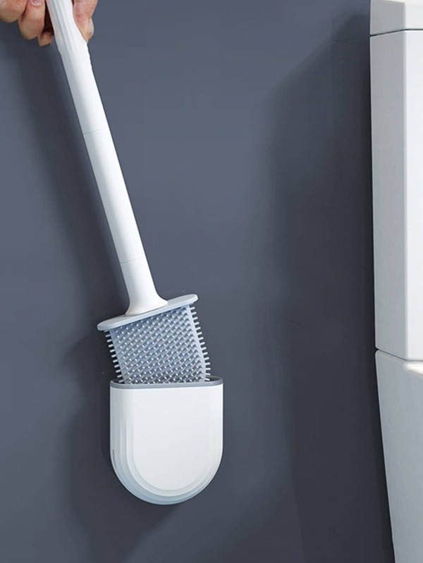 1pc Breathable Toilet Brush Water Leak Proof With Base Silicone WC Flat Head Flexible Soft Bristles Brush With Quick Drying Holder Bathroom Decor Summer