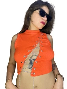 Blusa Top Para Dama Escote Cruzado Con Cadenas - Naranja - Ver 2