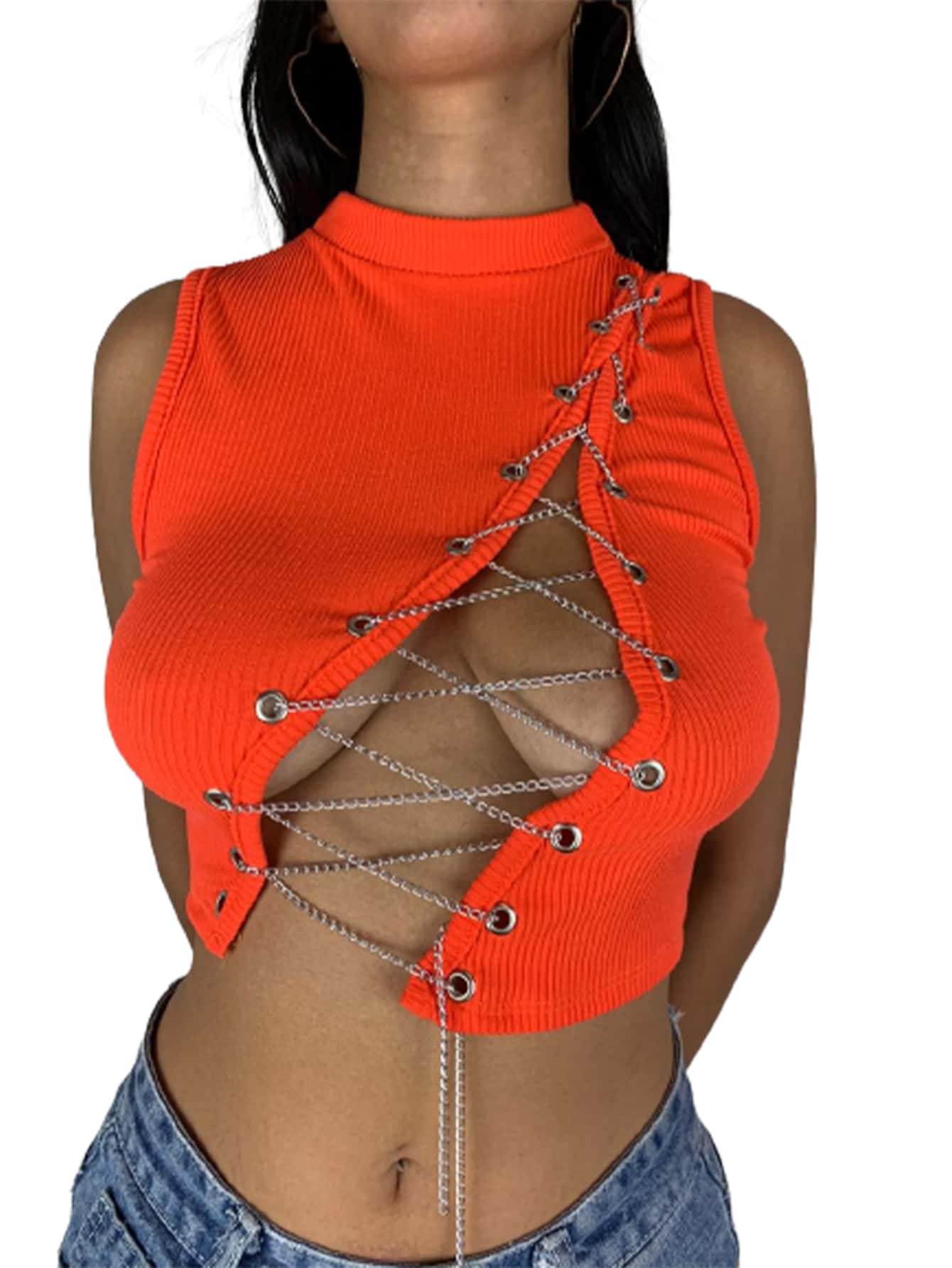 Blusa Top Para Dama Escote Cruzado Con Cadenas - Naranja - Ver 1