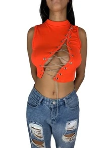 Blusa Top Para Dama Escote Cruzado Con Cadenas - Naranja - Ver 5