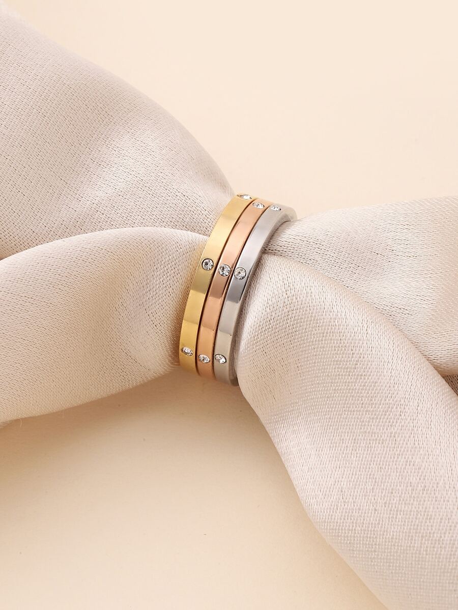 3pcs/Set Rhinestone Decor Ring, Stainless Steel Jewelry