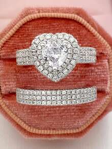 2pcs Elegant Hearth Ring Wedding Engagement  Party Rings Women Geometric Luxury Bridal Rings Jewelry Set - White - View 1