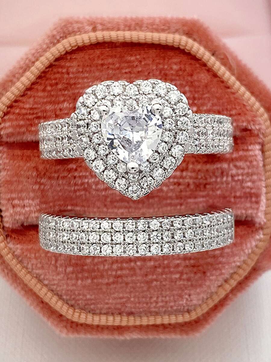 2pcs Elegant Hearth Ring Wedding Engagement  Party Rings Women Geometric Luxury Bridal Rings Jewelry Set - White - View 1