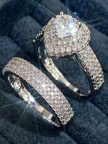 2pcs Elegant Hearth Ring Wedding Engagement  Party Rings Women Geometric Luxury Bridal Rings Jewelry Set - White - View 2