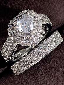 2pcs Elegant Hearth Ring Wedding Engagement  Party Rings Women Geometric Luxury Bridal Rings Jewelry Set - White - View 3