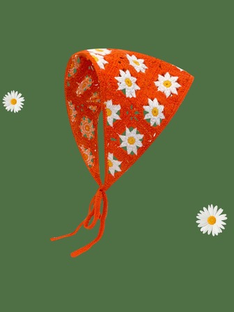 法式三角圍巾女式頭飾，復古共和國夏季風格頭飾，花卉鉤針，甜美針織