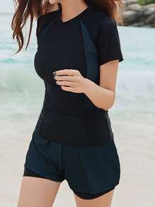 Women's Athletic Outdoor Fitted Sunscreen Competitive Swimming Suit - Black - View 2