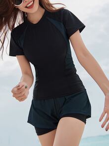 Women's Athletic Outdoor Fitted Sunscreen Competitive Swimming Suit - Black - View 3