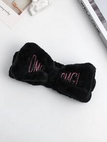 女士們素色珊瑚絨髮帶帶字母刺繡和蝴蝶結 - 黑色 - 查看 3