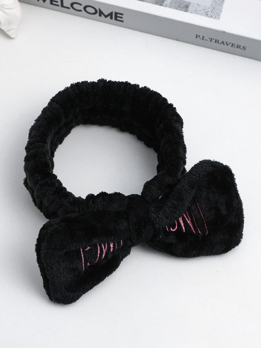 女士們素色珊瑚絨髮帶帶字母刺繡和蝴蝶結 - 黑色 - 查看 1