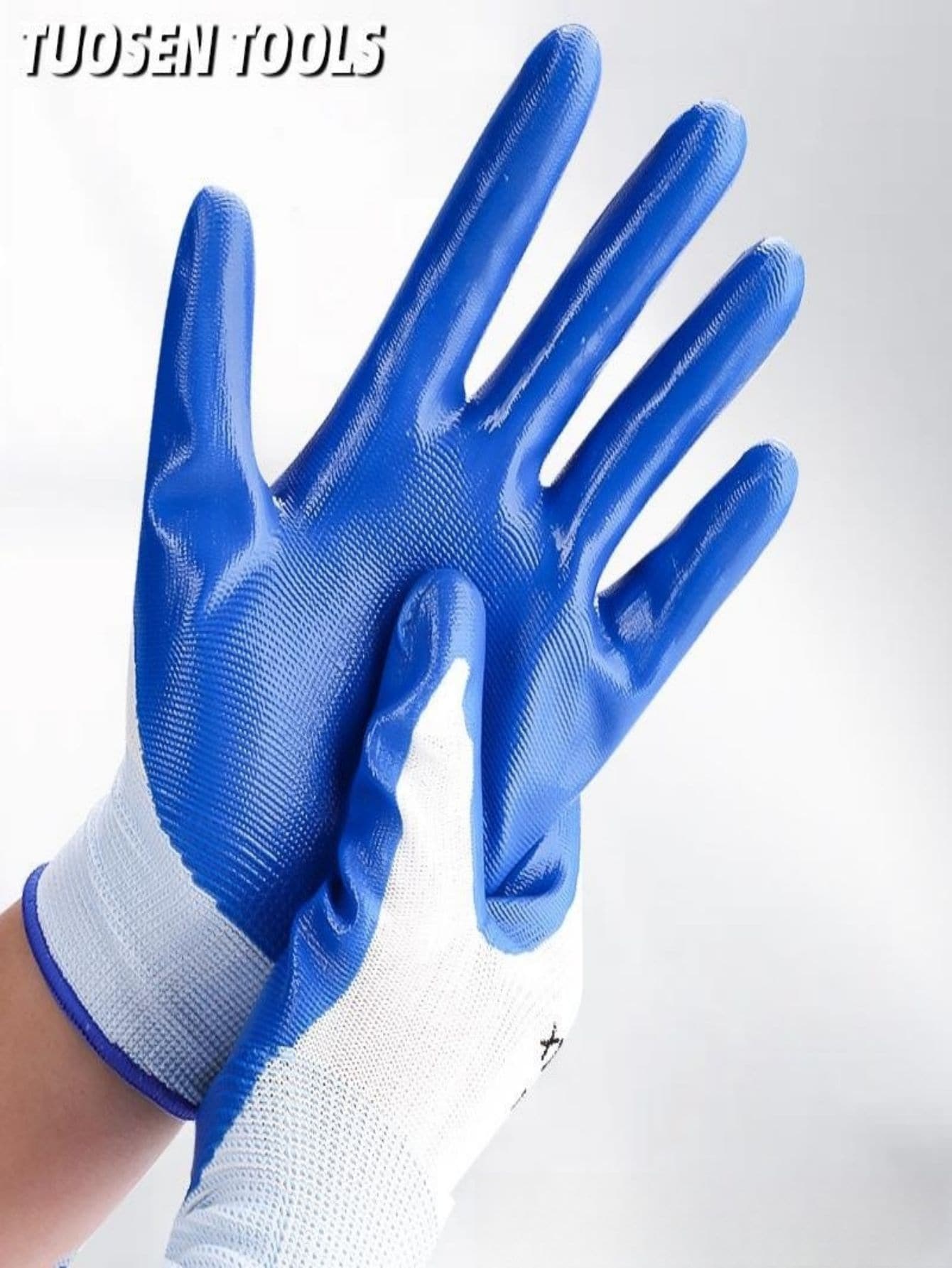 1 par , de seguridad trabajar Guantes nitrilo saburral , inconsútil suave poliéster forro Guante , mano de obra protección Guantes - Azul - Ver 1