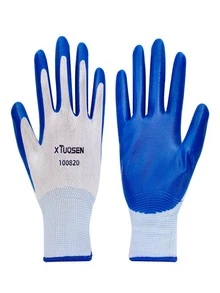 1 par , de seguridad trabajar Guantes nitrilo saburral , inconsútil suave poliéster forro Guante , mano de obra protección Guantes - Azul - Ver 2