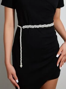 1pc Elastic Faux Pearl Waist Belt, Perfect For Cocktail And Formal Dresses - White - View 1