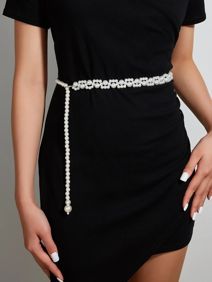 1pc Elastic Faux Pearl Waist Belt, Perfect For Cocktail And Formal Dresses - White - View 1