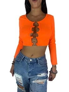 Playera Tipo Crop Top Para Dama Escote Con Argolla Corazon Tela Acanalada - Naranja - Ver 1