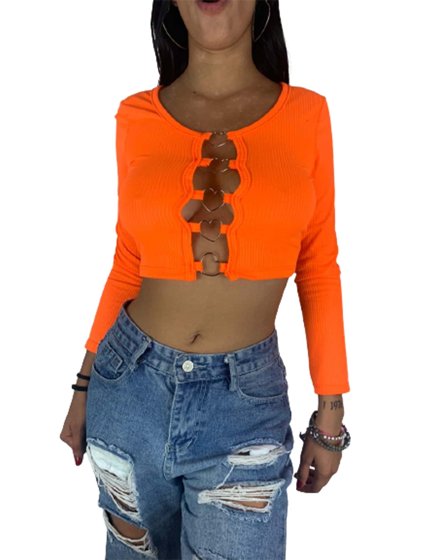 Playera Tipo Crop Top Para Dama Escote Con Argolla Corazon Tela Acanalada - Naranja - Ver 1