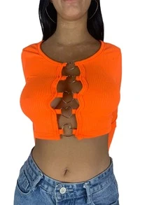 Playera Tipo Crop Top Para Dama Escote Con Argolla Corazon Tela Acanalada - Naranja - Ver 3