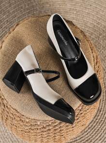 女士PU皮革粗高跟鞋瑪麗珍鞋 - 黑與白 - 查看 2